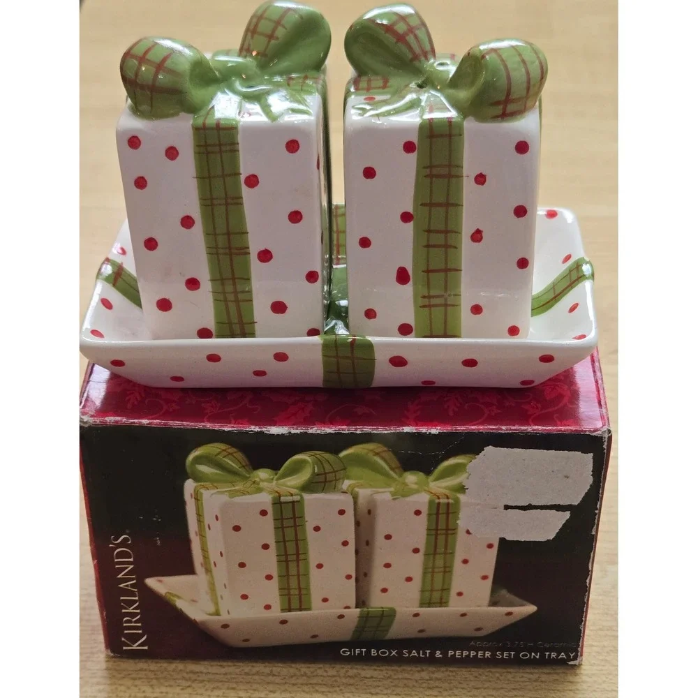 Kirklands Christmas Gift Box Salt Pepper Shaker Set with Tray Ceramic NEW